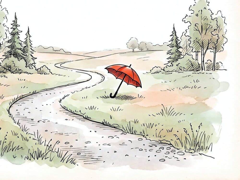 Zeichnung: Weg durch eine Wiese, daneben ein roter Schirm im Gras